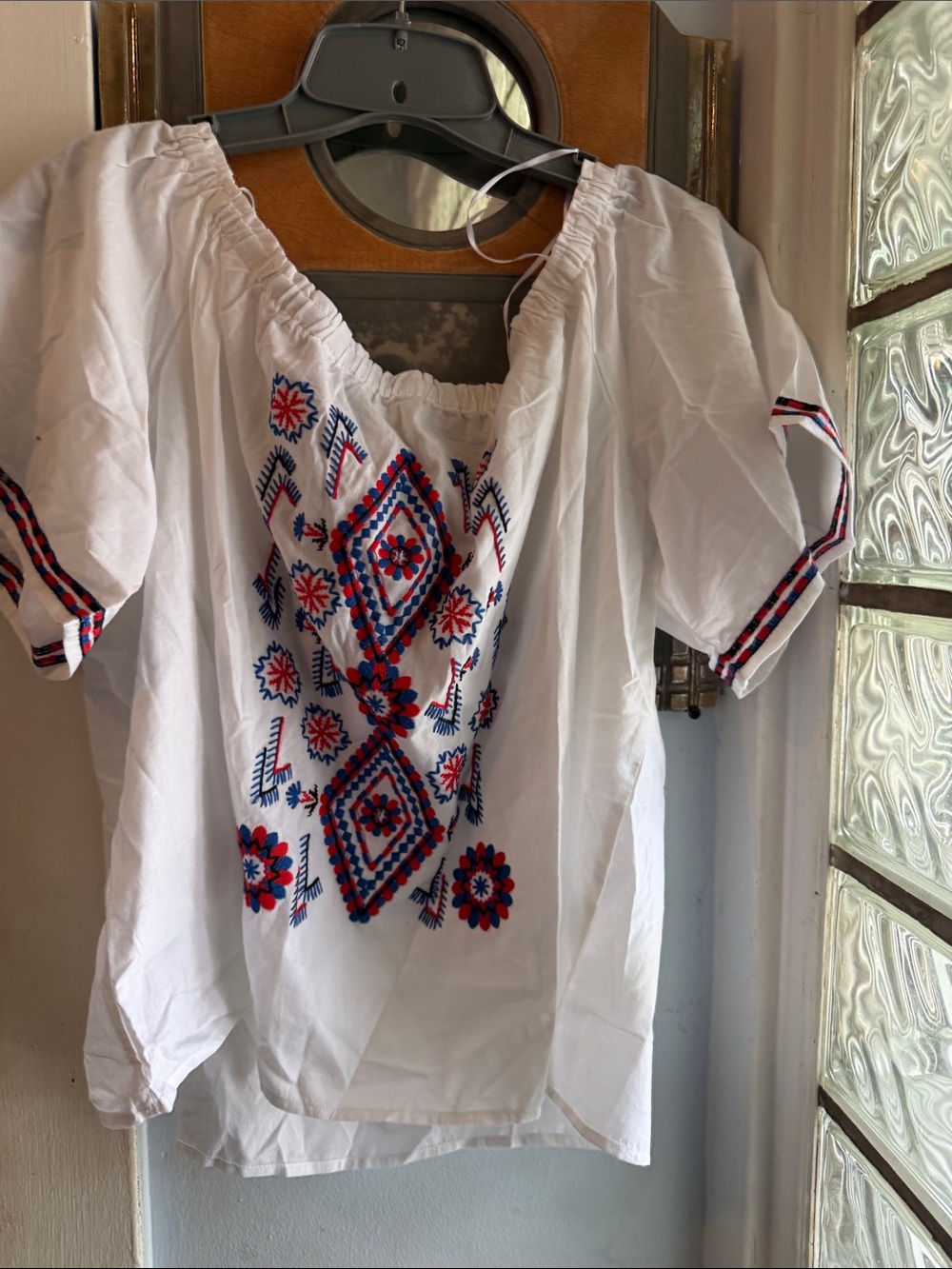 White Embroidered Peasant Blouse with Red & Blue Motif